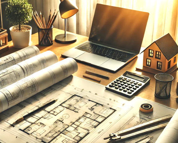 architect's desk with blueprint rolls